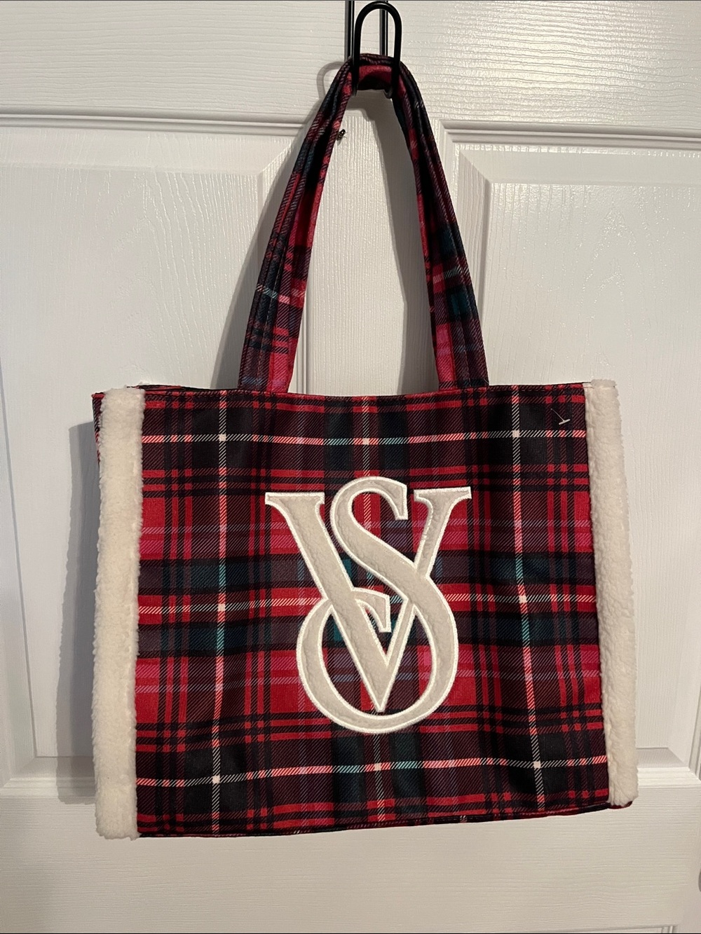 Victoria's Secret Red Plaid Tote with White Sherpa Trim and Monogram